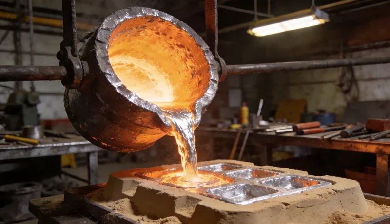 aluminum casting quality inspection, molten metal and mold cavity in industrial foundry