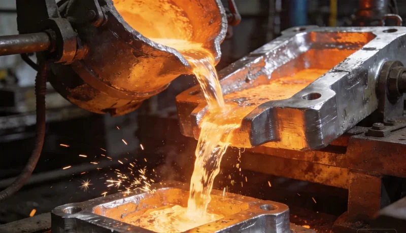 Gravity casting process diagram showing mold filling, solidification, and ejection stages