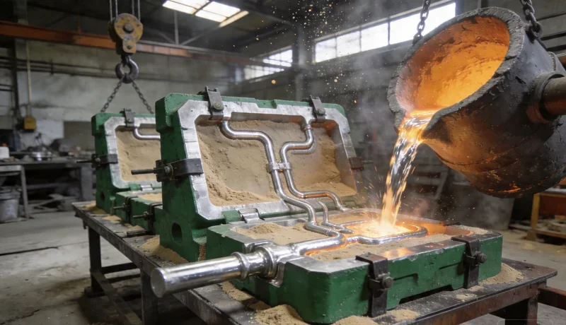 sand casting process, molten aluminum poured into sand mold, foundry floor worker, industrial