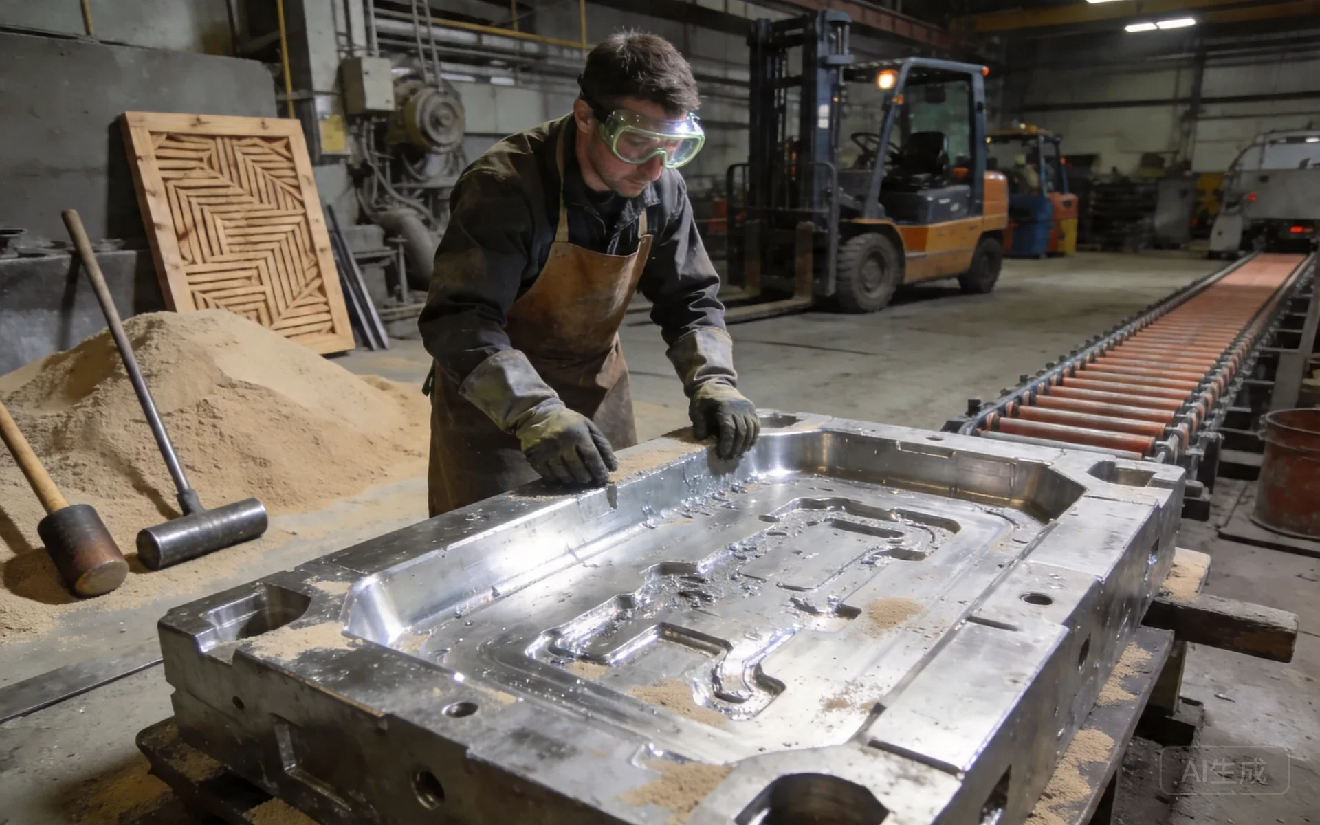 sand casting mold process aluminum casting sand mold cavity close up industrial foundry detail