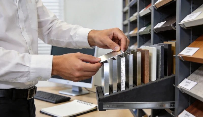engineer comparing aluminum materials chart, selecting best option, industrial workspace